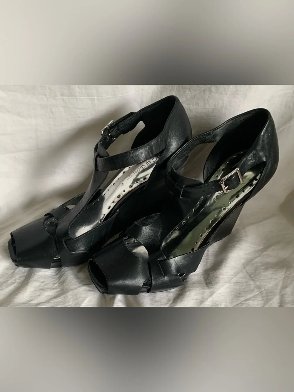 BCBGirls Black Leather Peep-Toe T-Strap Wedge Sandals with Buckle